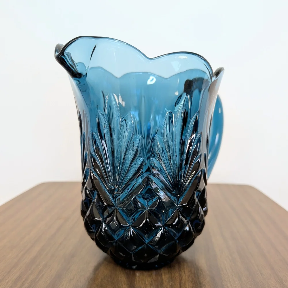 Jeffrey Banks Dark Blue Cut Crystal Pitcher Scalloped Edges Shannon By Godinger